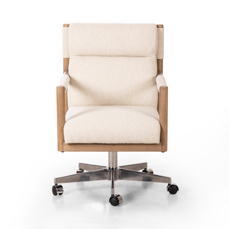 White Fabric and Wood Swivel Desk Chair