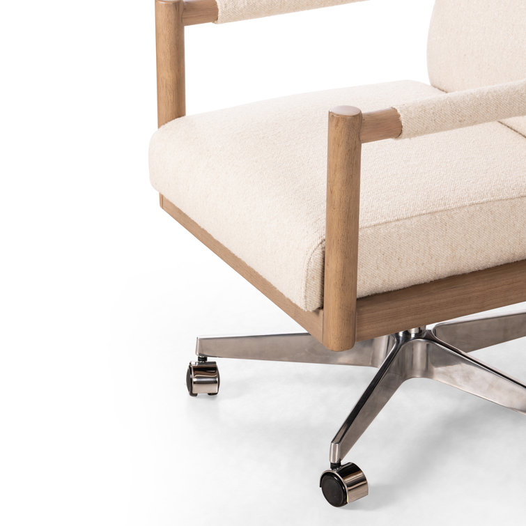 White Fabric and Wood Swivel Desk Chair