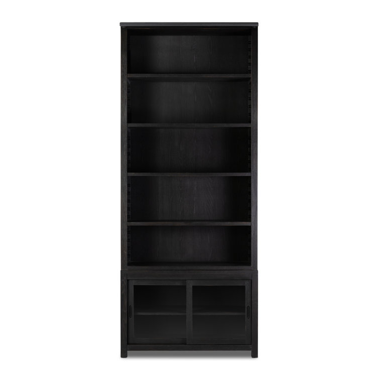Adjustable Black Oak Ladder Bookcase with Glass Doors