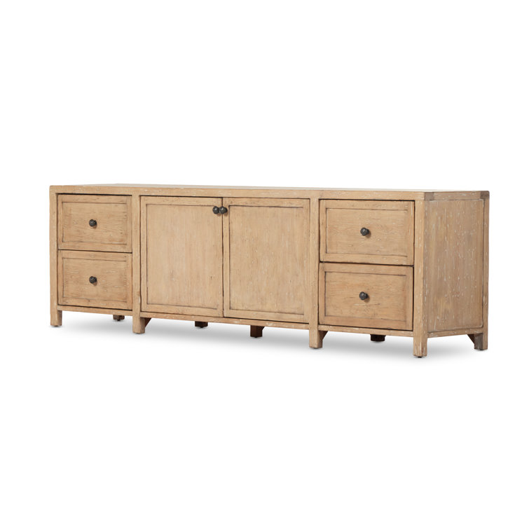 Light Brown Pine Media Console with Cabinet and Drawers