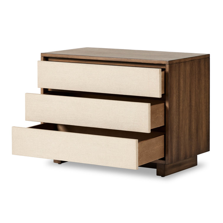 Beige Linen and Mahogany 3-Drawer Nightstand