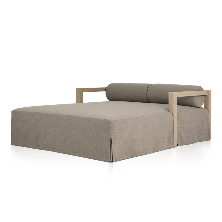 Gray Teak and Linen Outdoor Daybed with Bolster Cushions