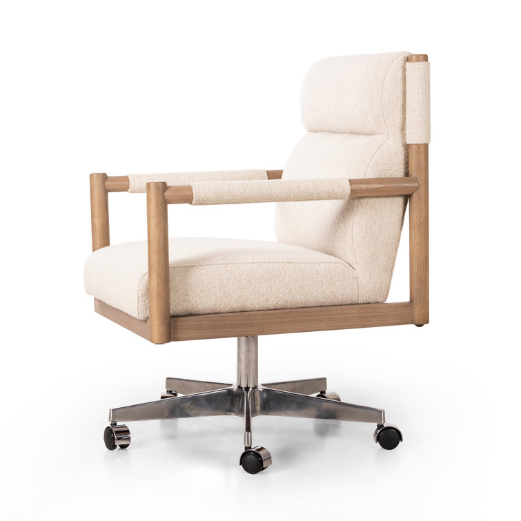 White Fabric and Wood Swivel Desk Chair