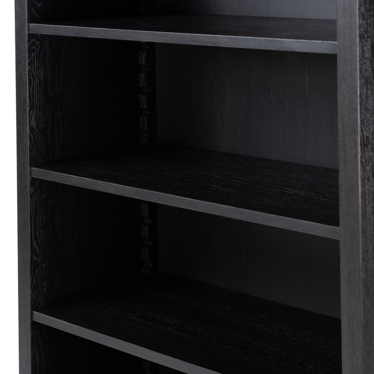 Adjustable Black Oak Ladder Bookcase with Glass Doors