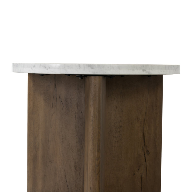 Rustic Fawn Oak and White Marble Round End Table
