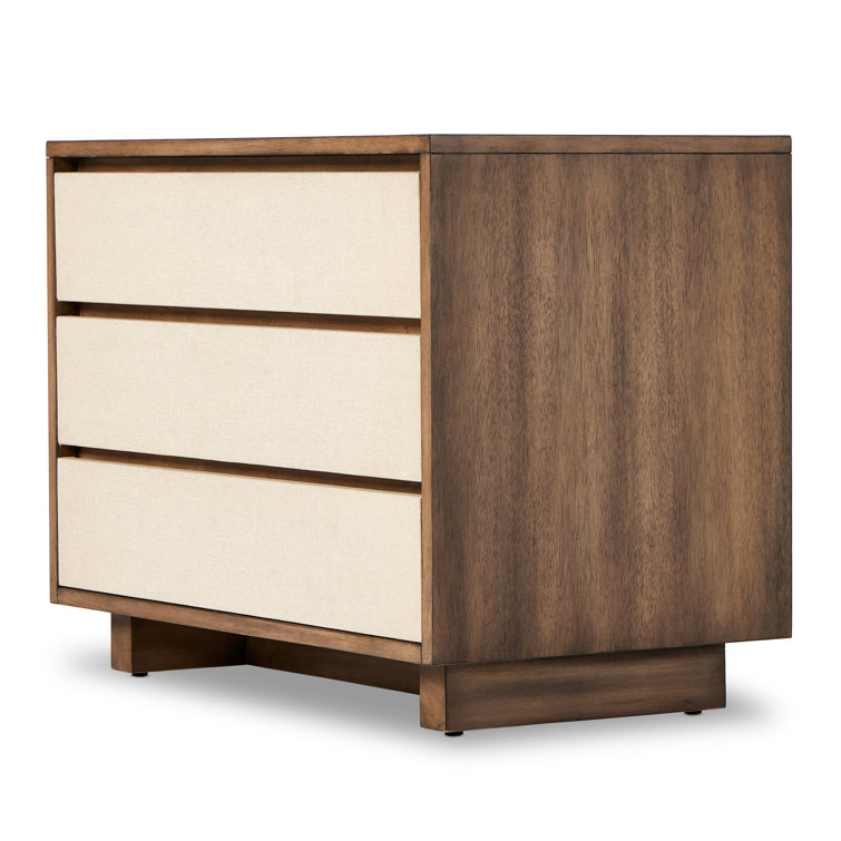 Beige Linen and Mahogany 3-Drawer Nightstand