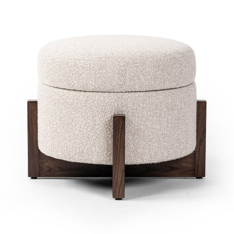 Esben Round Storage Ottoman in Saddle Fog Boucle with Dark Brown Parawood Base