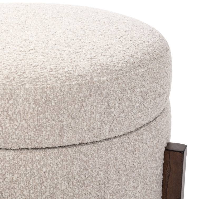 Esben Round Storage Ottoman in Saddle Fog Boucle with Dark Brown Parawood Base
