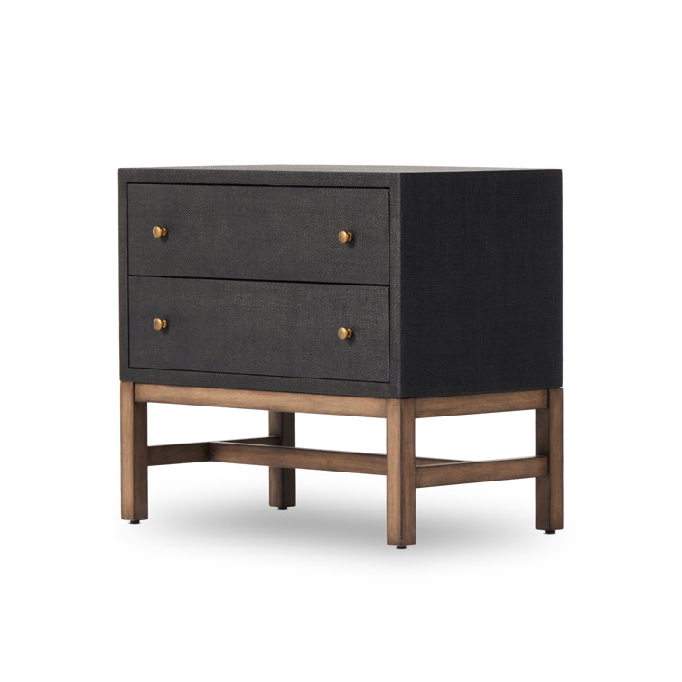 Black Raffia and Mahogany 2-Drawer Nightstand