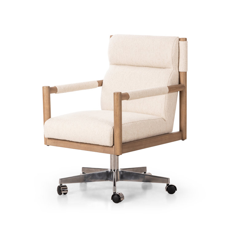 White Fabric and Wood Swivel Desk Chair