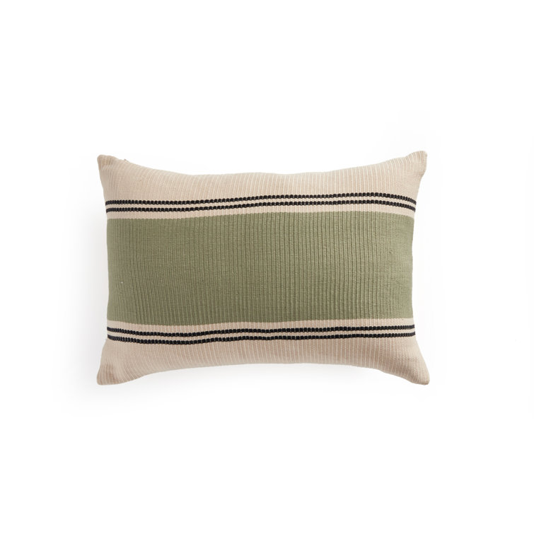 Handwoven Sage and Beige Cotton Lumbar Pillow