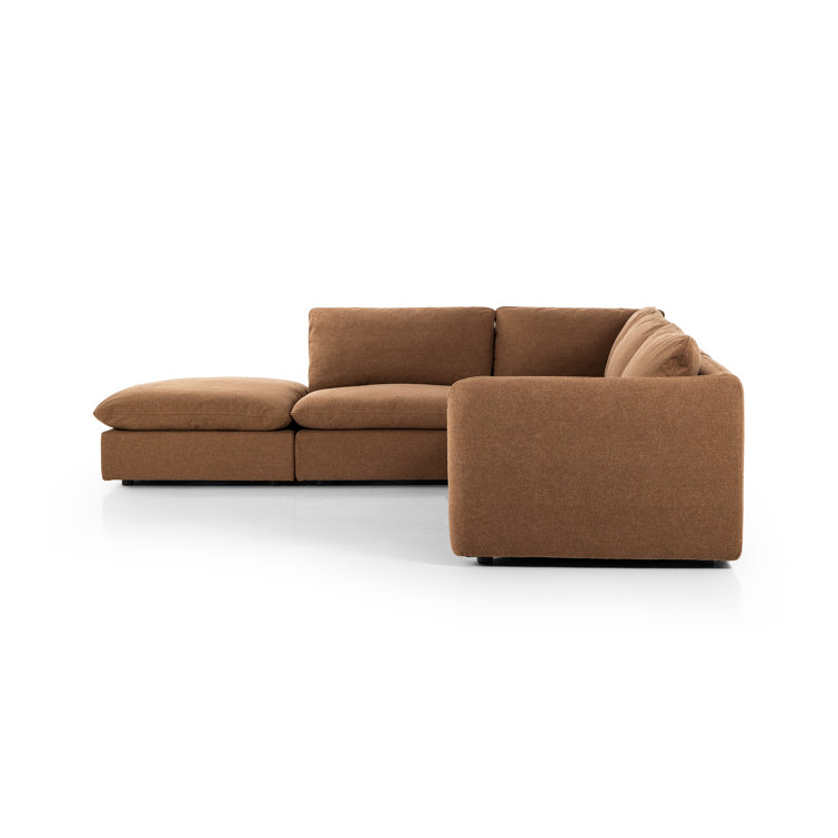 Brown Linen 4-Piece Sectional Sofa with Ottoman