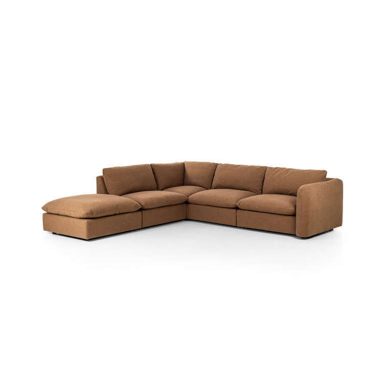 Brown Linen 4-Piece Sectional Sofa with Ottoman