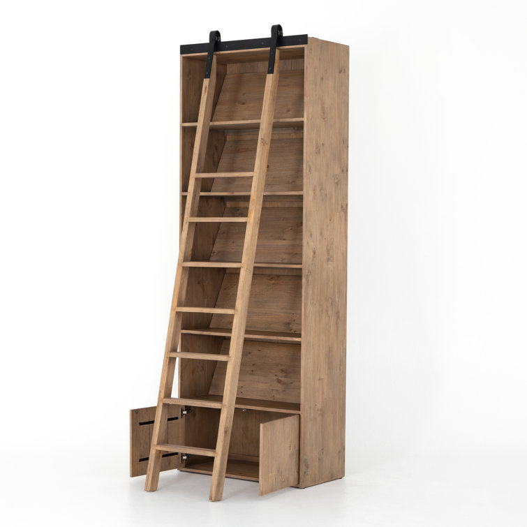 Smoked Pine Solid Wood Standard Bookcase with Ladder