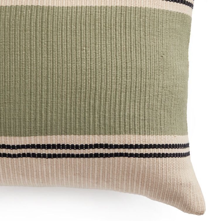 Handwoven Sage and Beige Cotton Lumbar Pillow