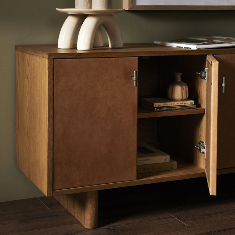 Amber Oak and Cognac Leather Media Console with Cabinet