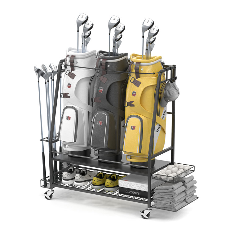 Black Metal Freestanding Golf Bag Storage Rack with Adjustable Racks