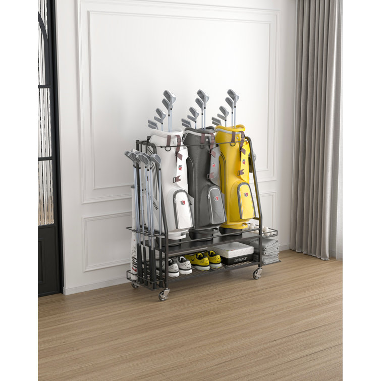 Black Metal Freestanding Golf Bag Storage Rack with Adjustable Racks