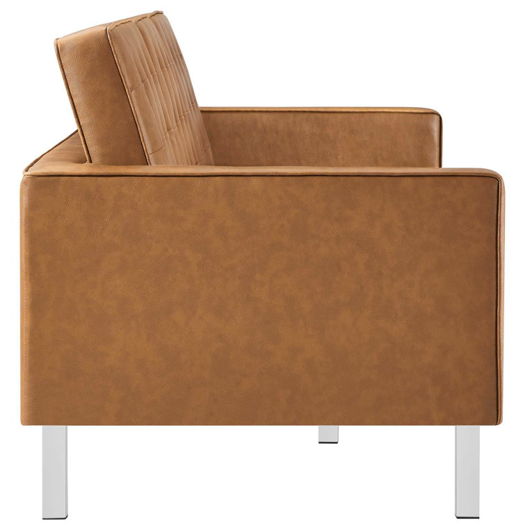 Silver Tan Tufted Faux Leather Sofa with Metal Frame