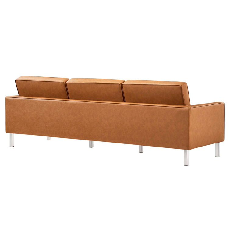 Silver Tan Tufted Faux Leather Sofa with Metal Frame