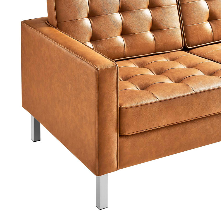Silver Tan Tufted Faux Leather Sofa with Metal Frame