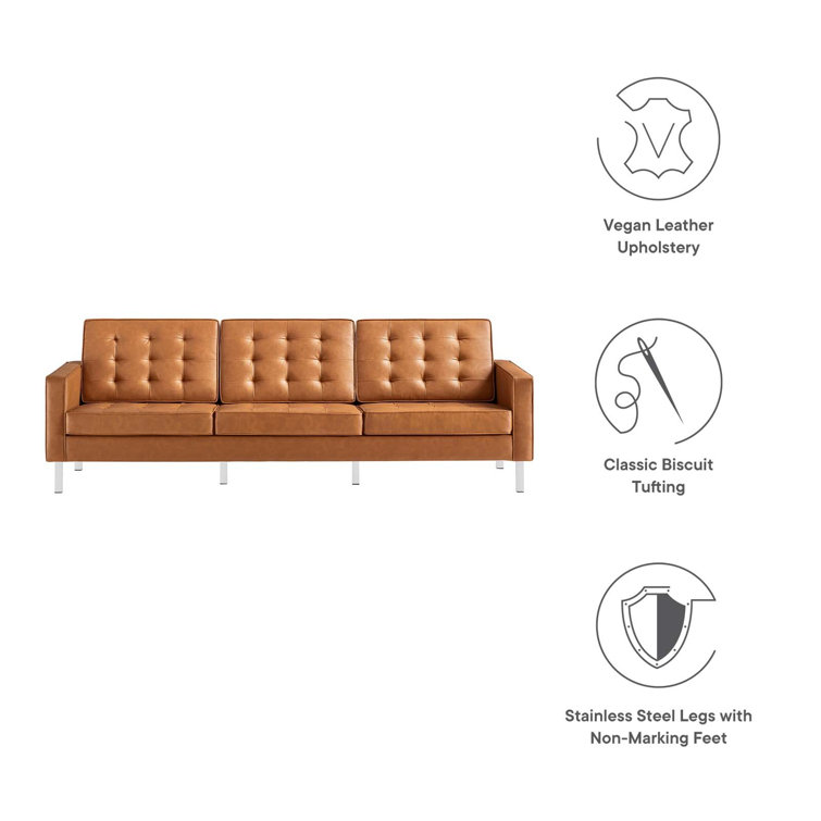 Silver Tan Tufted Faux Leather Sofa with Metal Frame