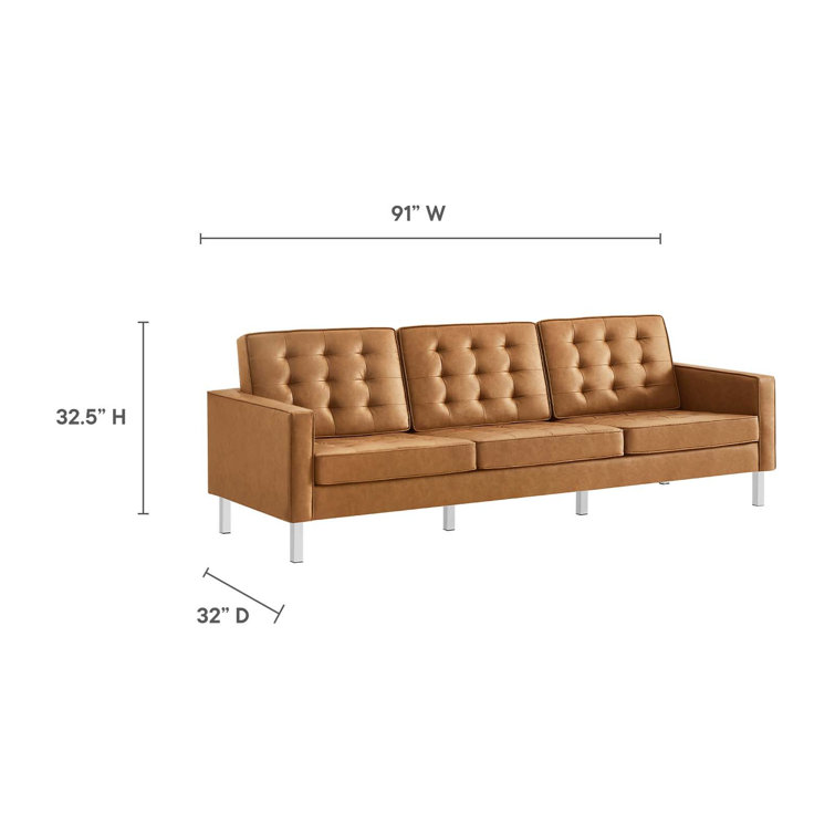 Silver Tan Tufted Faux Leather Sofa with Metal Frame