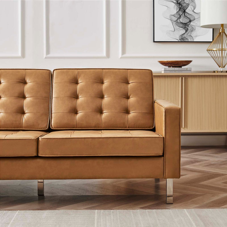 Silver Tan Tufted Faux Leather Sofa with Metal Frame