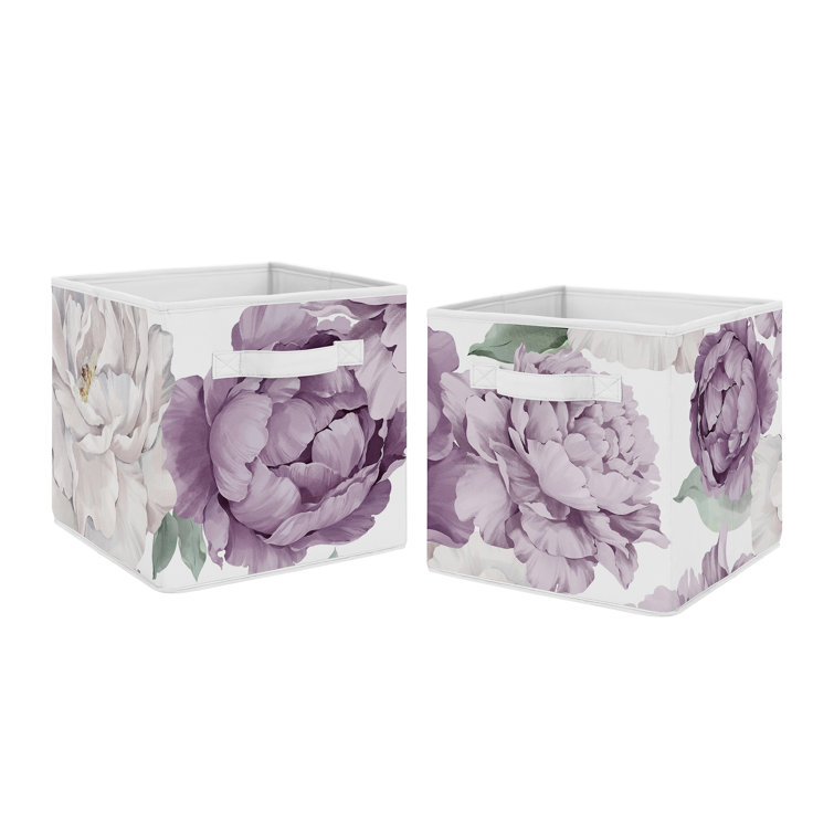 Lavender and Ivory Floral Fabric Collapsible Storage Cubes, Set of 2