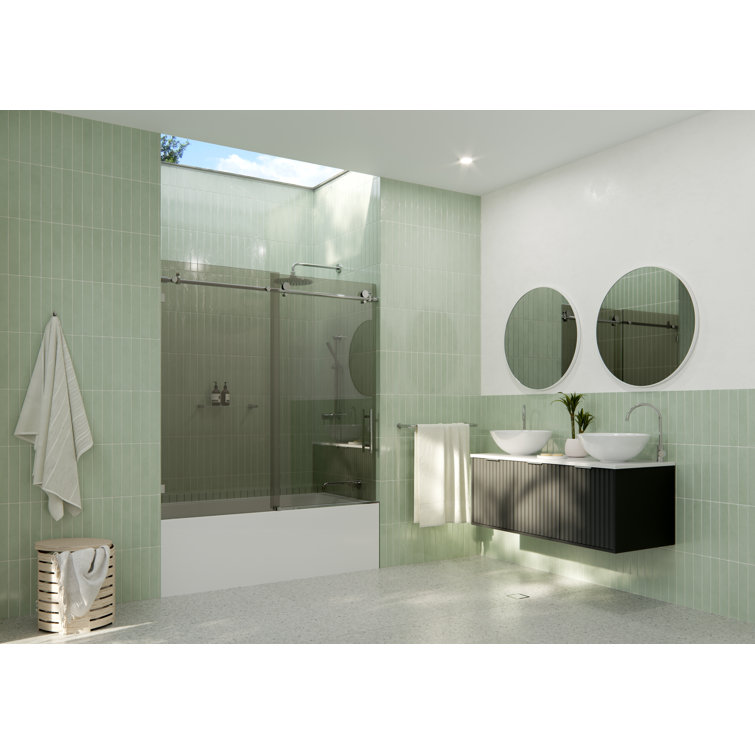 Equinox Frameless Gray Tinted Sliding Bathtub Door with Chrome Finish