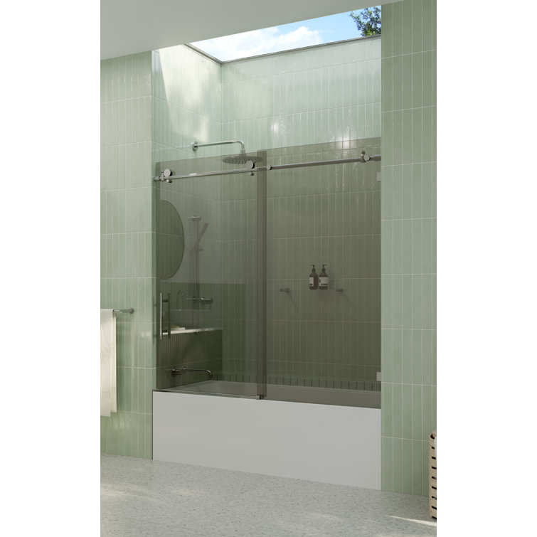 Equinox Frameless Gray Tinted Sliding Bathtub Door with Chrome Finish