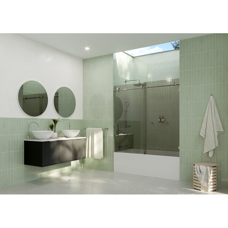 Equinox Frameless Gray Tinted Sliding Bathtub Door with Chrome Finish