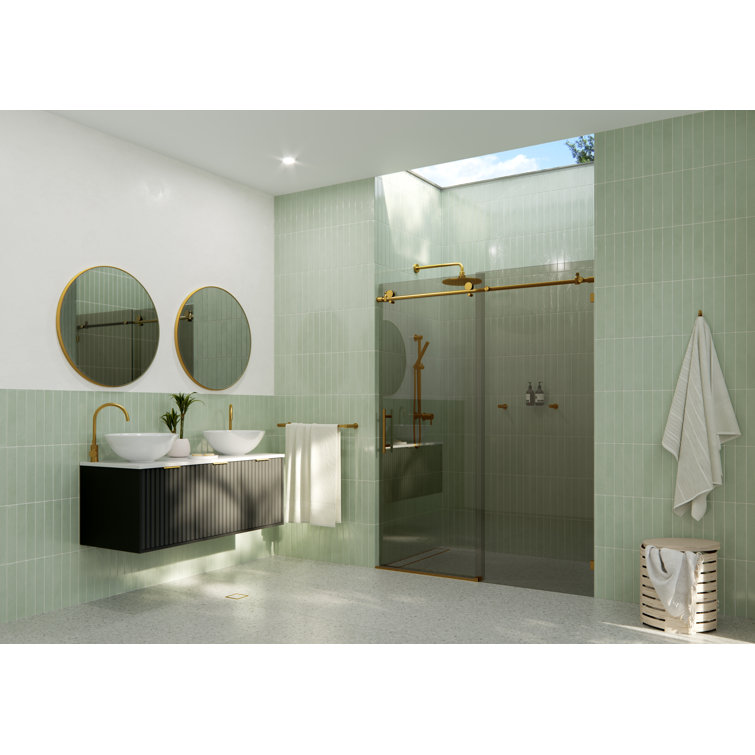 Equinox 60" Frameless Gray Glass Sliding Shower Door with Satin Brass Hardware