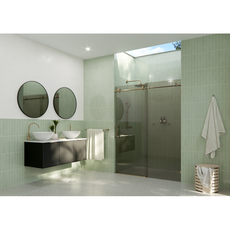 Equinox 60" Frameless Gray Tinted Glass Sliding Shower Door with Brushed Bronze Hardware