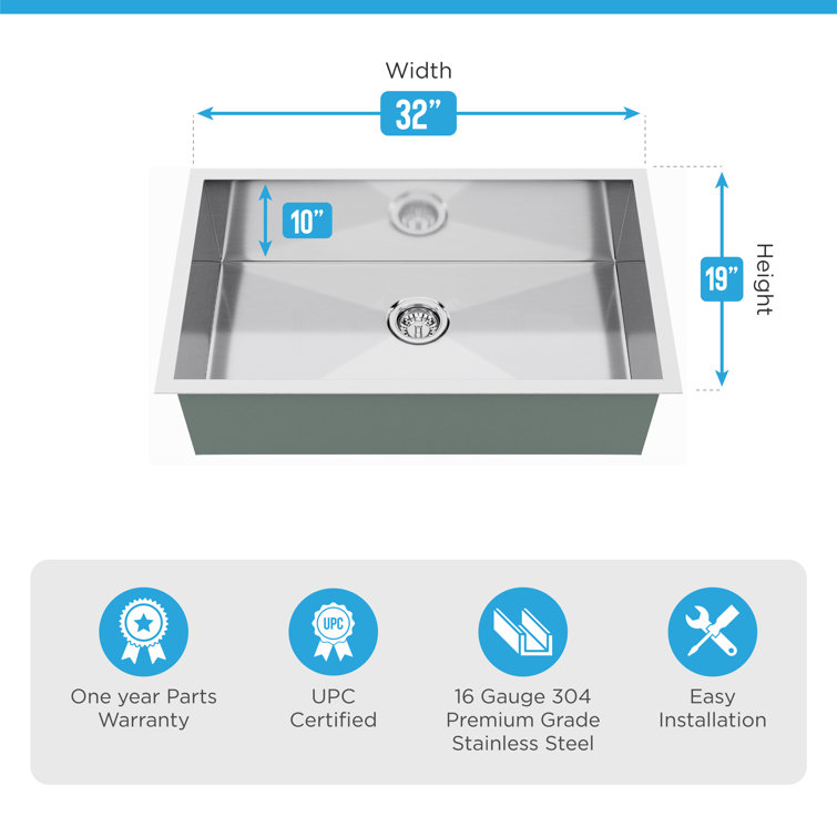 Blue Ocean 32" Single Bowl Brushed Satin Stainless Steel Undermount Kitchen Sink