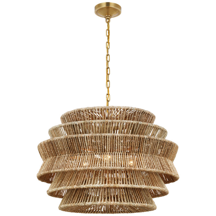 Antique Brass and Abaca Drum Chandelier, 30-Inch