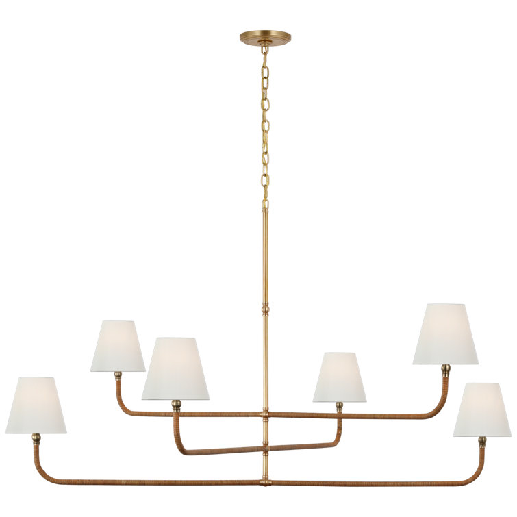 Antique-Burnished Brass and Rattan 6-Light Chandelier