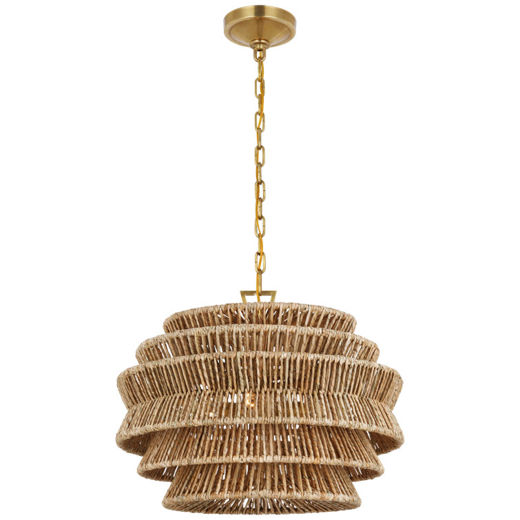 Antique-Burnished Brass and Natural Abaca Drum Chandelier