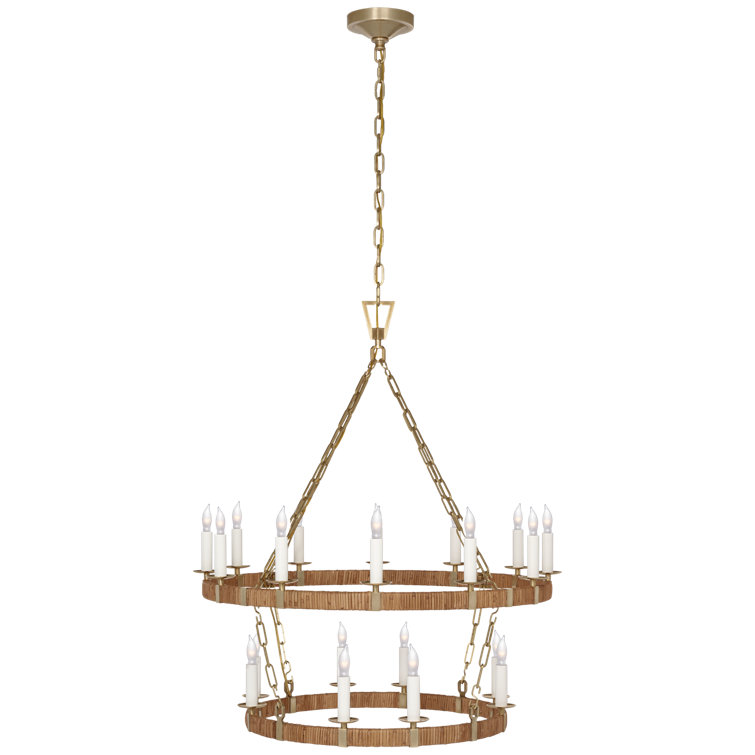 Antique Brass and Rattan Two-Tier Chandelier