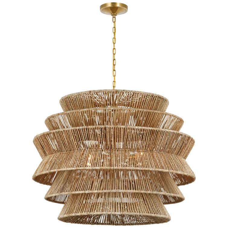 Antique Brass and Abaca 5-Tier Drum Chandelier