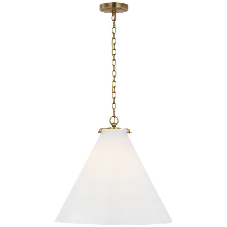 Hand-Rubbed Antique Brass Conical LED Pendant with White Glass Shade
