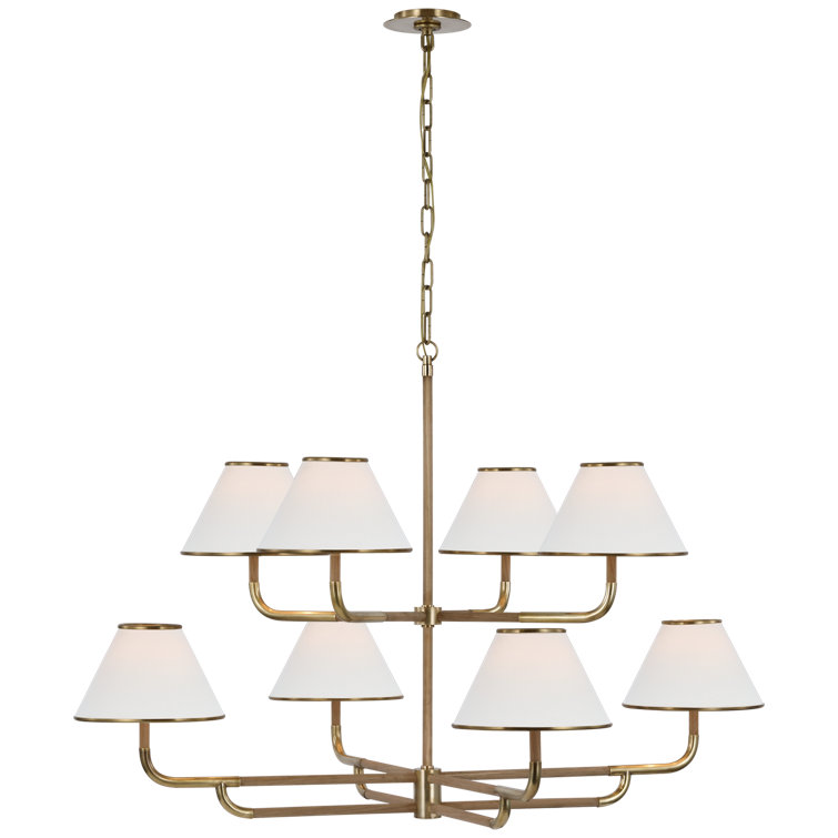 Soft Brass and Natural Oak Two-Tier Chandelier