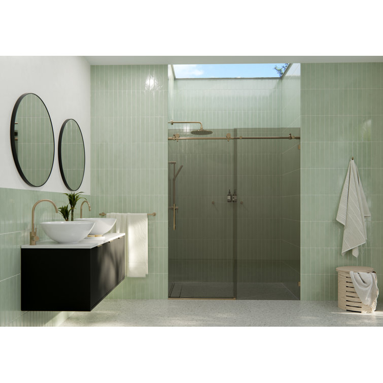 Equinox 60" Frameless Gray Tinted Glass Sliding Shower Door with Brushed Bronze Hardware