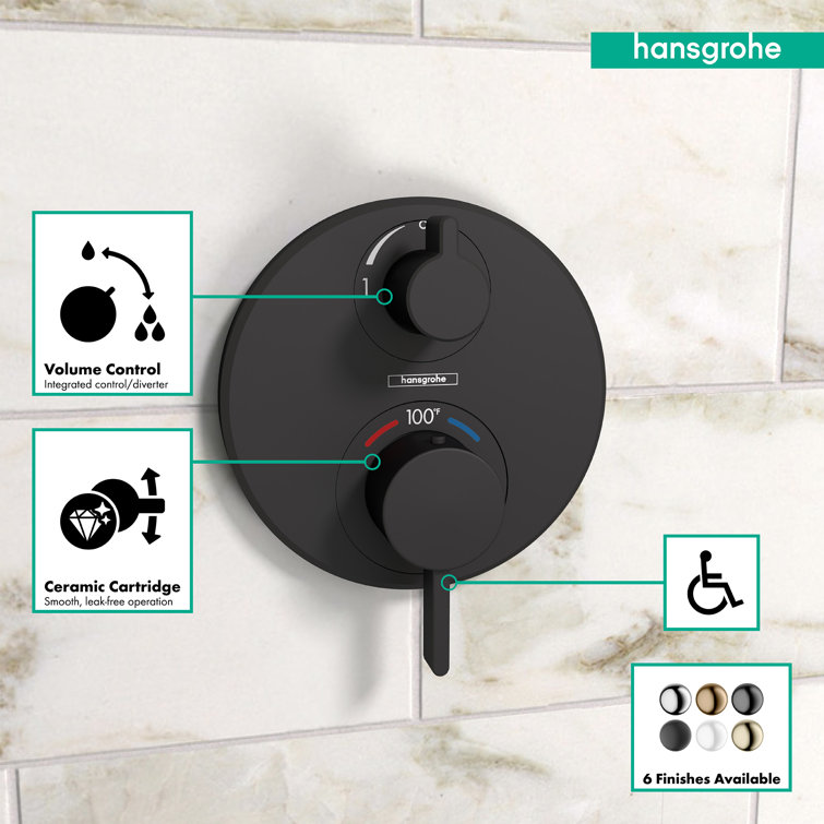 Matte Black Modern Thermostatic Shower Valve Trim with Diverter