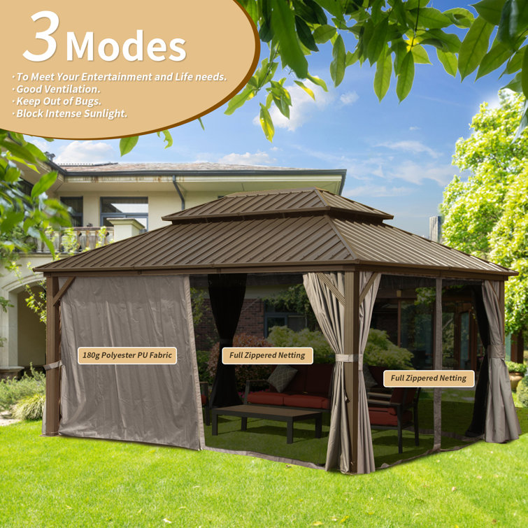 Gray 10' x 12' Aluminum and Steel Patio Gazebo with Curtains