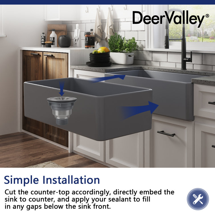 Gray 33" Fireclay Single Bowl Farmhouse Kitchen Sink