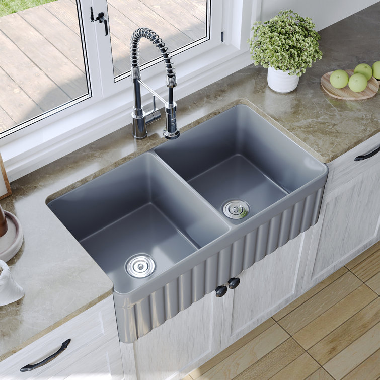 Gray Fireclay Double Bowl Farmhouse Kitchen Sink with Grid and Strainer