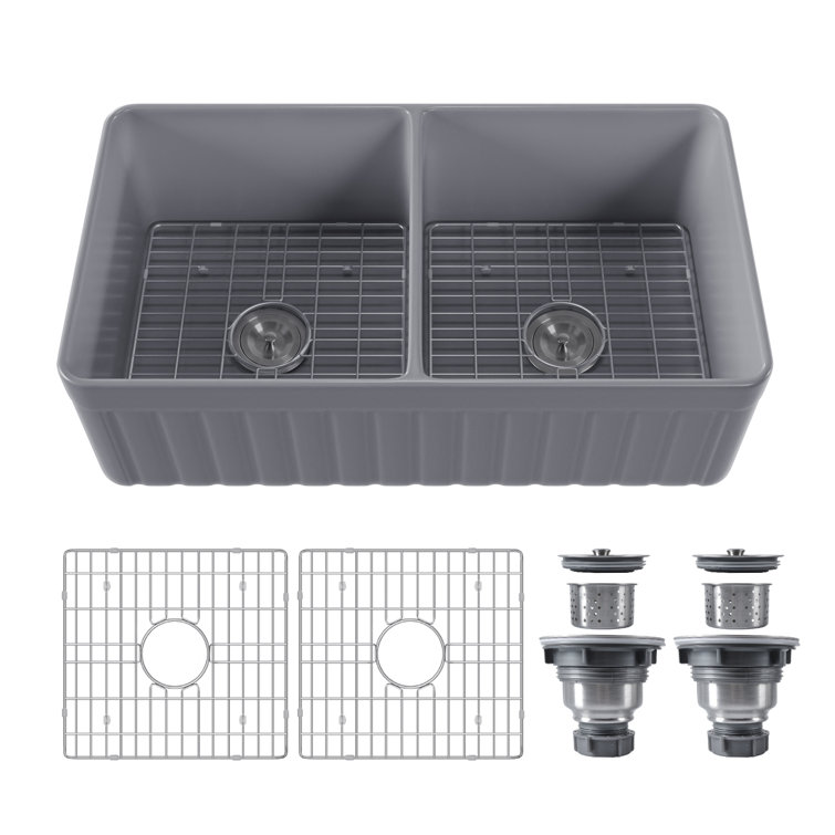 Gray Fireclay Double Bowl Farmhouse Kitchen Sink with Grid and Strainer