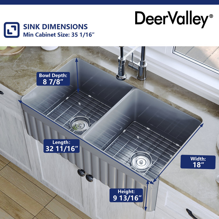 Gray Fireclay Double Bowl Farmhouse Kitchen Sink with Grid and Strainer