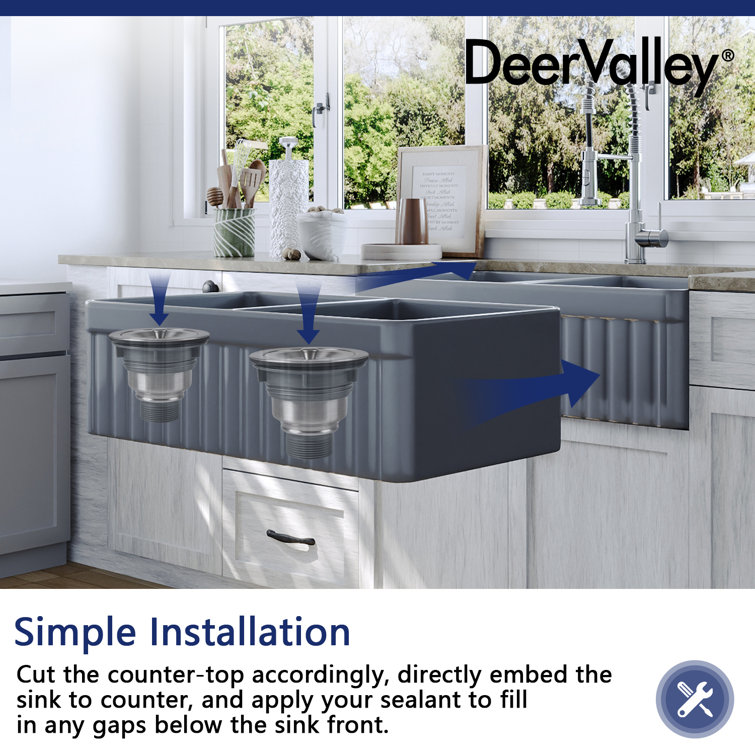 Gray Fireclay Double Bowl Farmhouse Kitchen Sink with Grid and Strainer